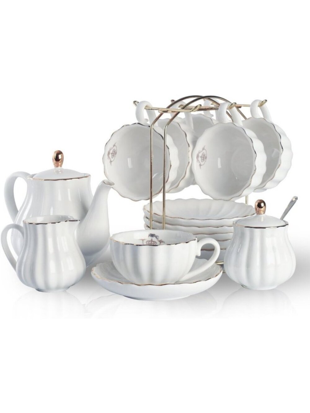 Elegant Porcelain Tea Set for 6 - 8oz Cups, Teapot, Sugar Bowl & Accessories
